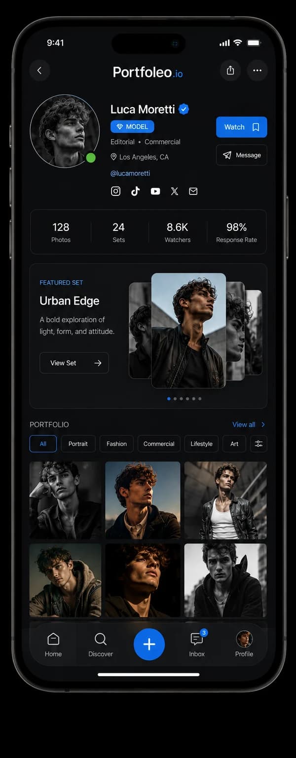 Preview of the Portfoleo app showing a creative profile, portfolio grid, and stats